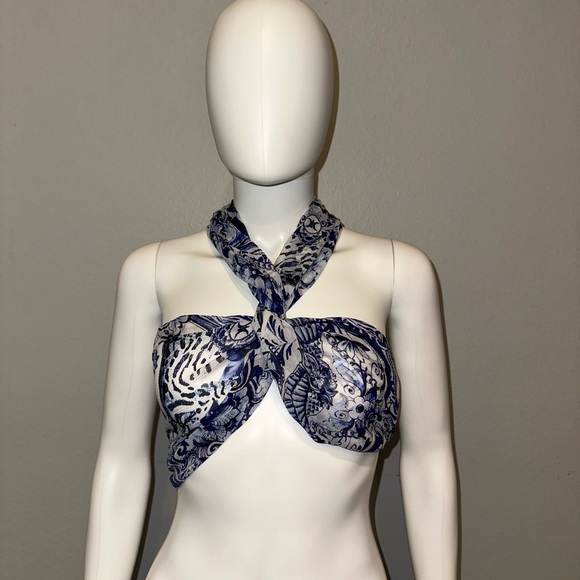 CAMILLA “Glaze and Graze” blue white silk Royal Delft floral scarf top belt wrap - Picture 4 of 9